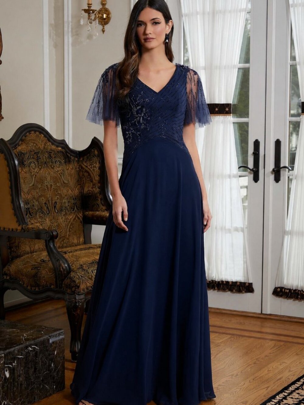 Navy Aline Mother of Bride Evening Gown. Beaded Flutter Sleeve MGNY 72819